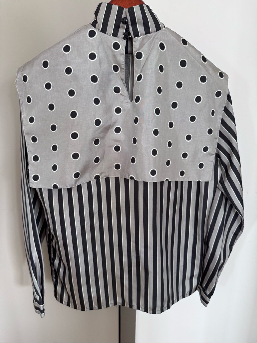 French Vintage Black, Gray, and White Striped & Polka Dot Blouse - Picture 4 of 10